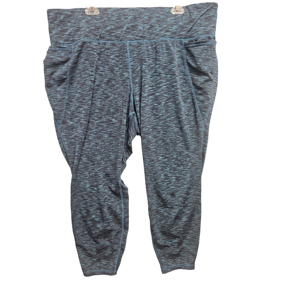 Livi Womens Plus 26/28 Space Dye Capri Leggings Blue Black Pockets Lattice Hem
